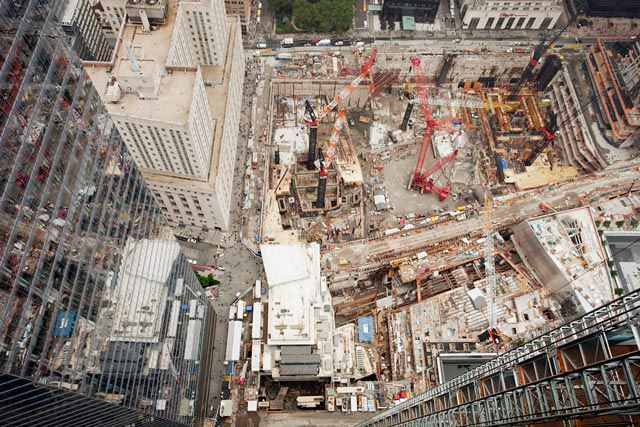 In 1 WTC, looking east from the building. In the center of the frame you can see the temporary PATH station. 2 WTC and 3 WTC will eventually be in the top of the frame here, with the transit hub between them.